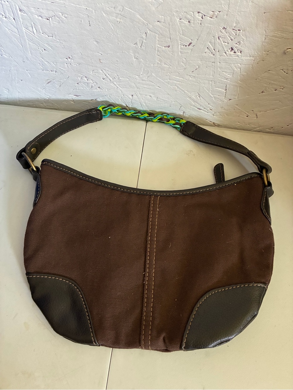 Brown Canvas Mini Hobo Bag with Dark Trim
